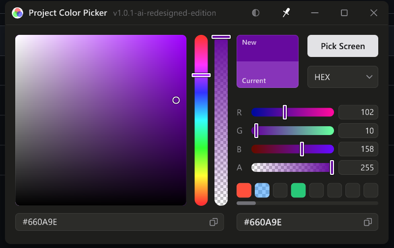 Project Color Picker with a purple picked, its RGBA sliders, HEX value and saved swatches
